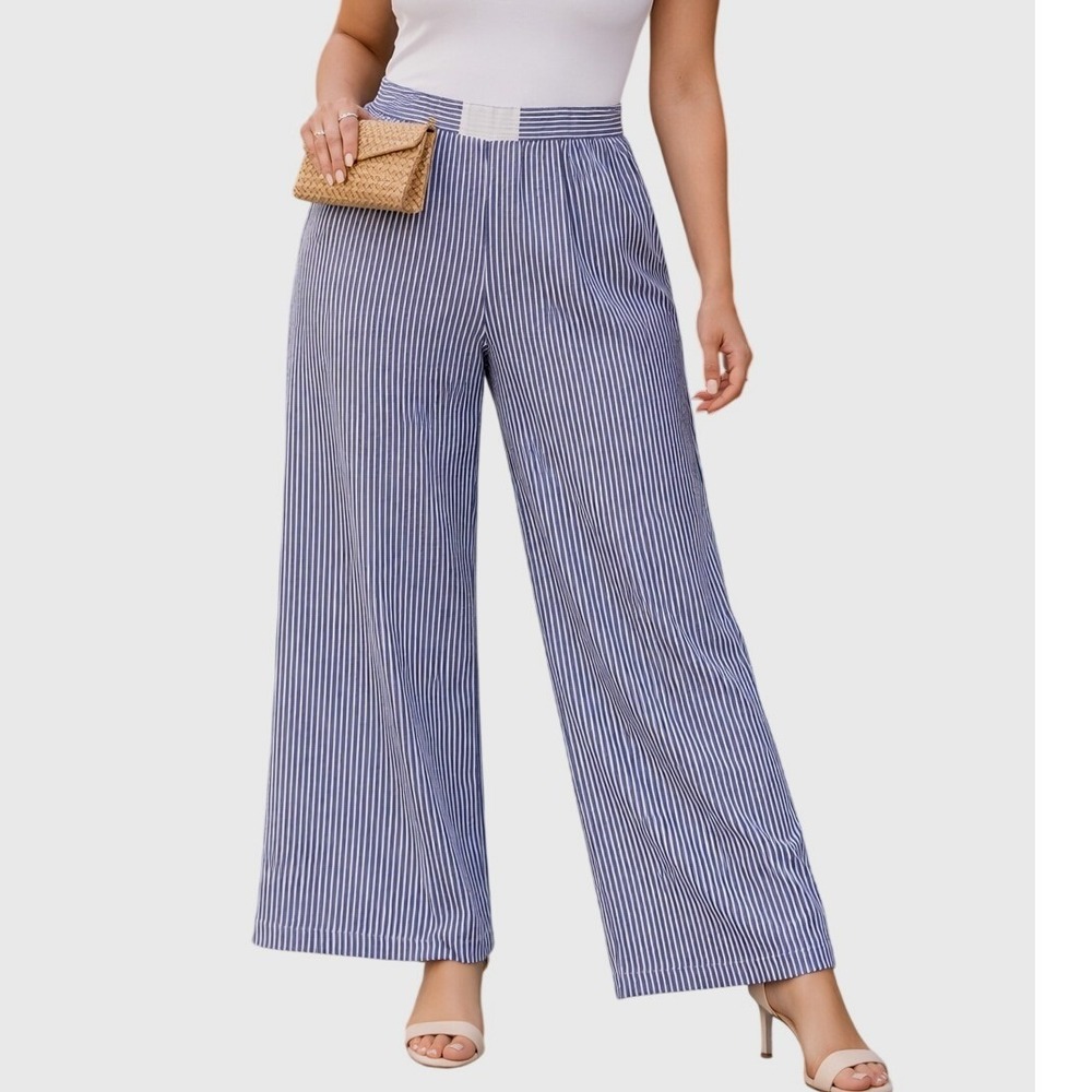 Cider Navy Blue Grandmacore White Striped Wide Leg Pants High Waist‎  Size M NEW